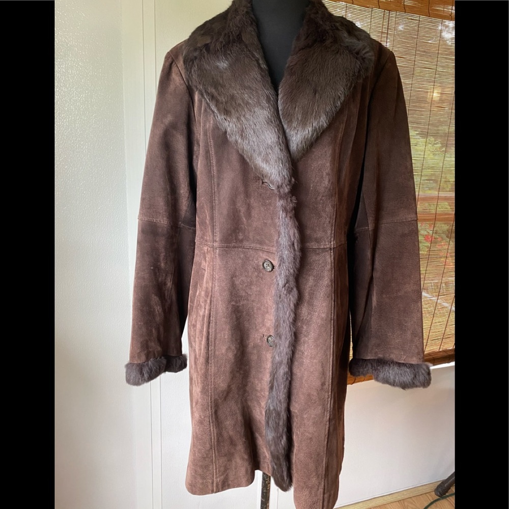 Utex Design fur trimmed suede long jacket